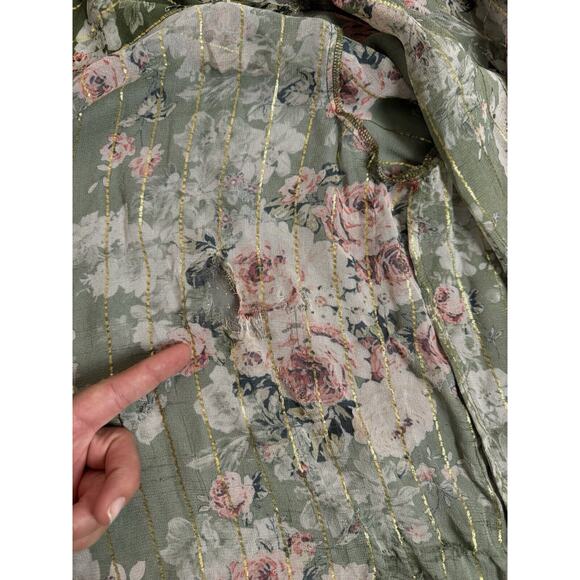 Hemant & Nandita Button Down Short Sleeve Blouse Floral Green L FLAW - Picture 5 of 12